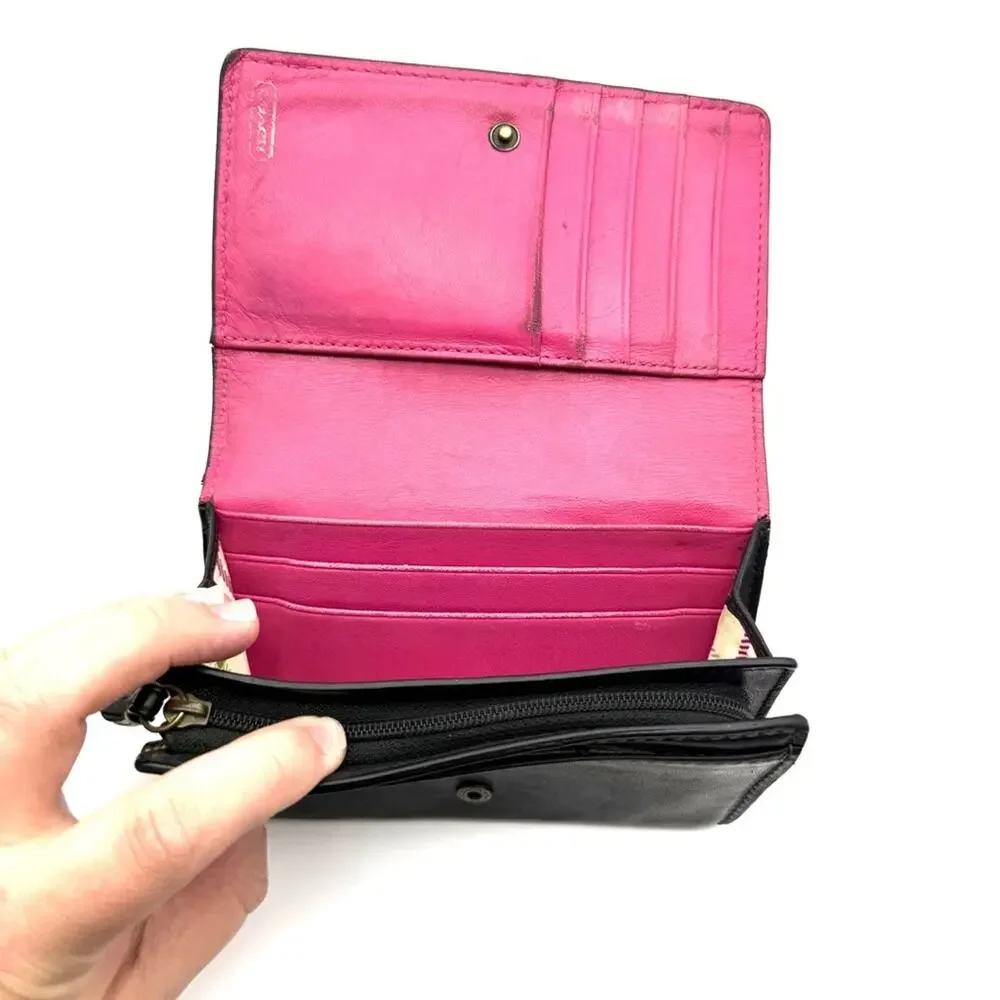 Coach Bleecker Wallet Black Leather Embossed Signature Carriage Logo Pink Lining